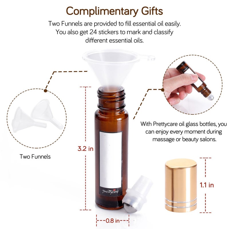 PrettyCare 12 Pack, 10 ml Essential Oil Roller Bottles with Stainless Steel Roller Ball - Refillable Leak-proof Empty Thick Amber Glass Roll on Bottles with Metal Caps for Travel, Perfume - Image 5